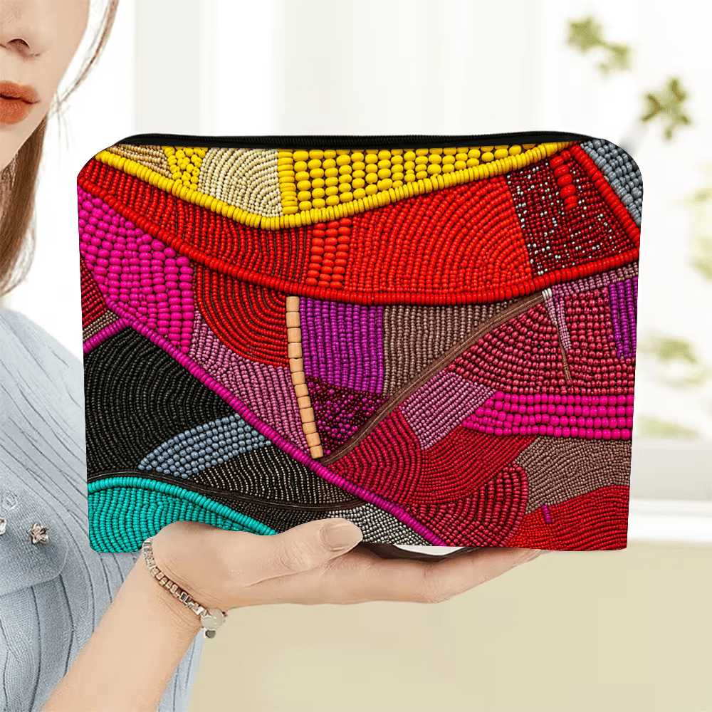 TEMU 1pc 2d Makeup Bag Flat Vibrant Abstract Colorful Beads Design Pencil Case Cosmetic Bag Storage Pouch For Gift