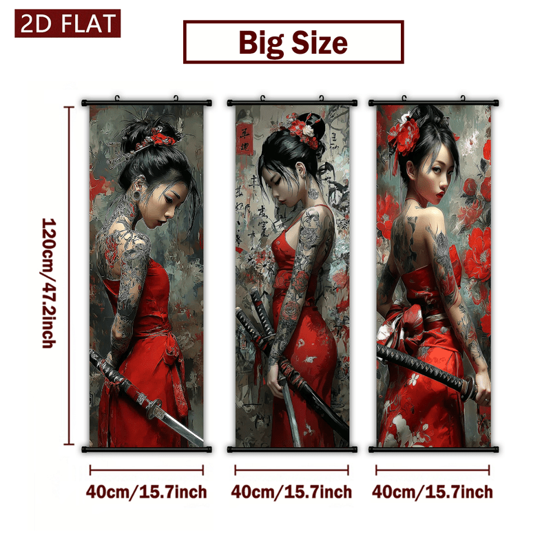 TEMU Plat 2D, 2D/FLAT - Lot de 3 Geishas Japonaises Tatouées en Robe Rouge avec Épée de , Art Mural en Rouleau en Plastique, Style Peinture à l'Huile