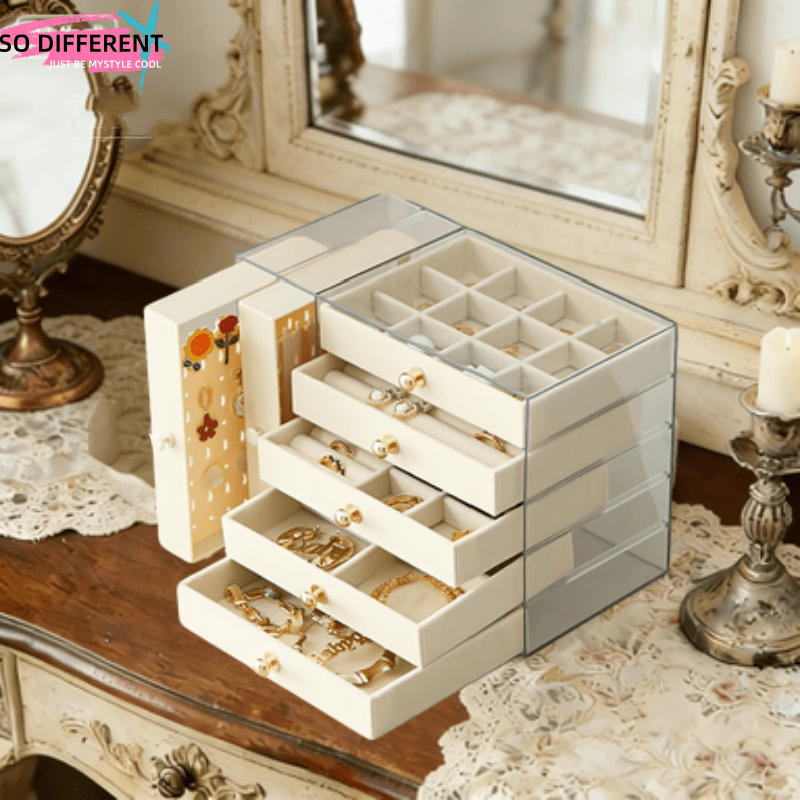 Seven-layer Velvet-lined Drawer-style Storage Box for Necklaces, Earrings, Rings, Bracelets, and Watches, a Large-capacity Desktop Organizer