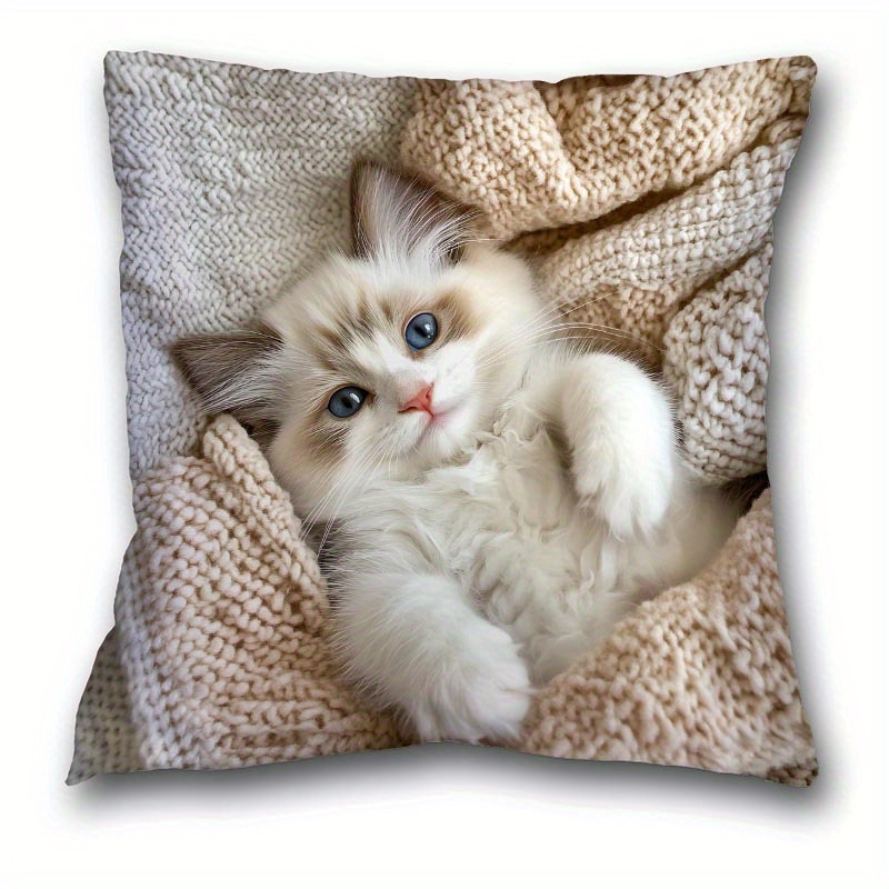 TEMU 1pc Of Cat-printed Soft And Comfortable Polyester Short Plush Fabric, Single-sided Printed Pillowcase