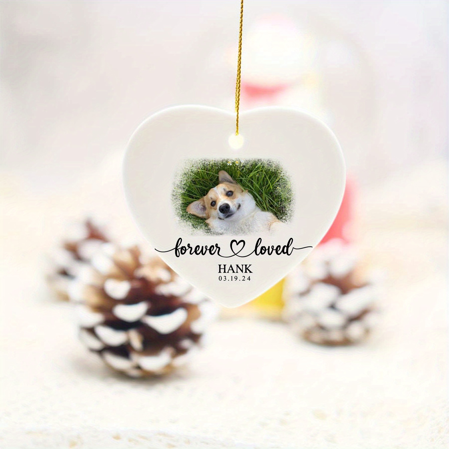 TEMU Personalized " Loved" Ceramic Heart Ornament - Custom Pet Photo & Date Keepsake, Christmas Decoration For Tree Or Door, Unique Gift For Pet