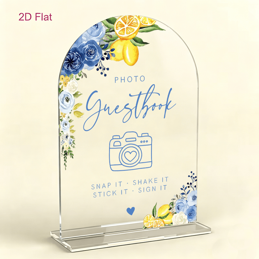 TEMU 2d Flat, 1pc Photo Guestbook Sign & Wedding Table Decor - Blue Floral Lemon Acrylic Plaque With Snap/shake/stick It , Bridal Shower Photo Booth