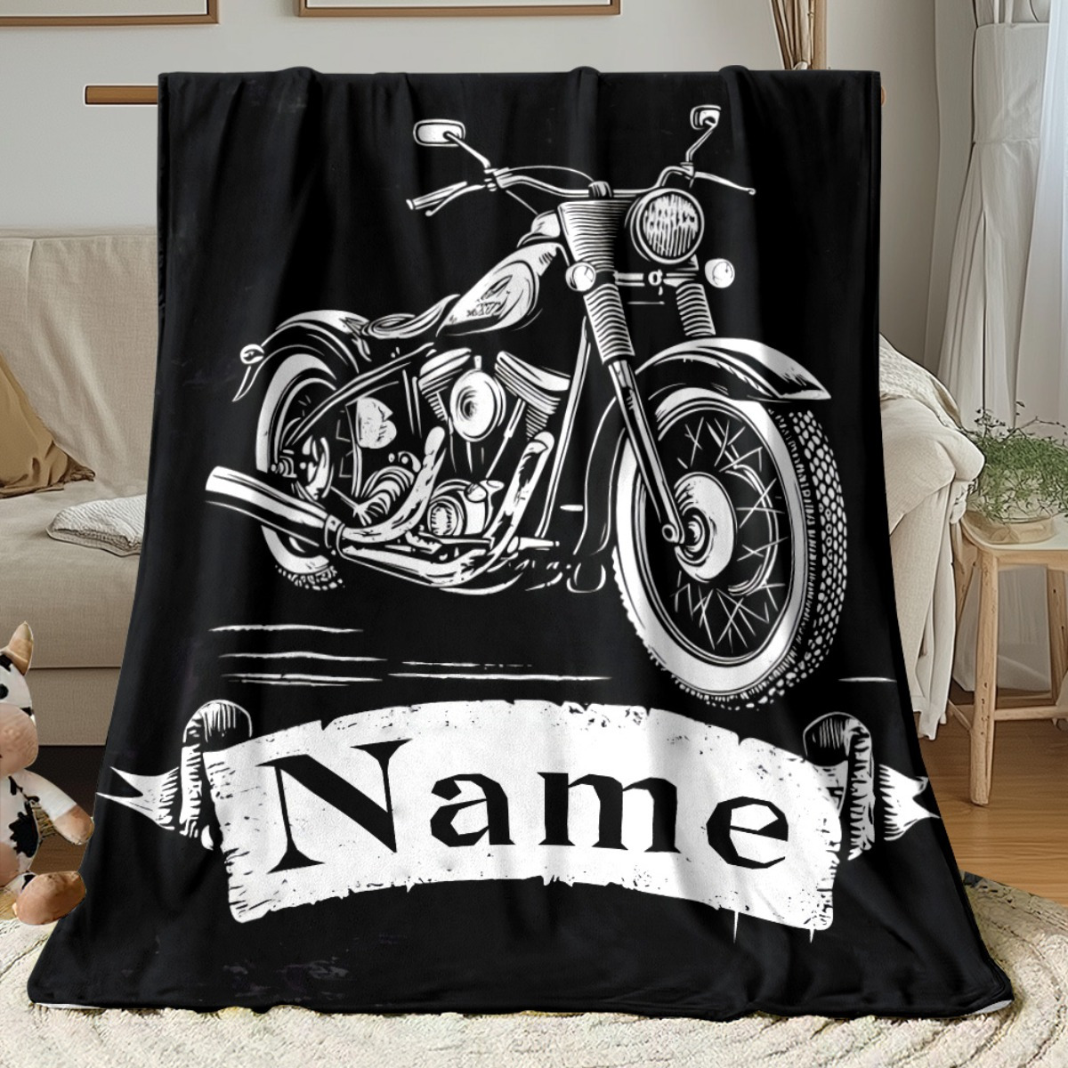 TEMU Personalized Motorcycle Blanket - Custom Name/text - Soft And Lightweight Universal Cover For - Black And White Motorcycle Design - Perfect Gift