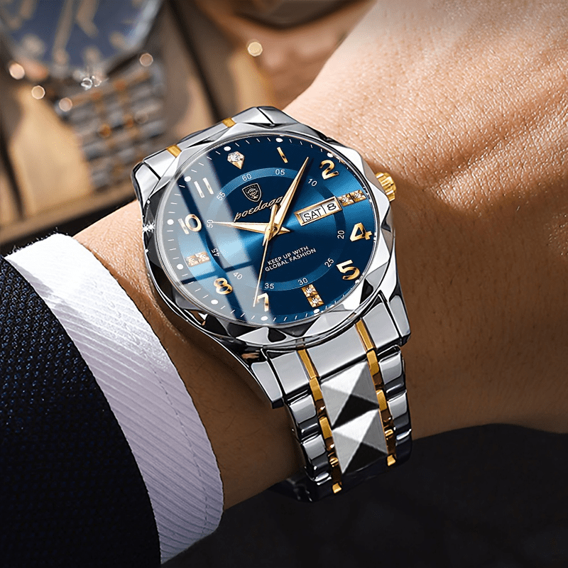 mens stylish luxury business quartz watch stainless band blue dial with roman date display button battery business casual accessory stainless steel watch quartz movement details 2