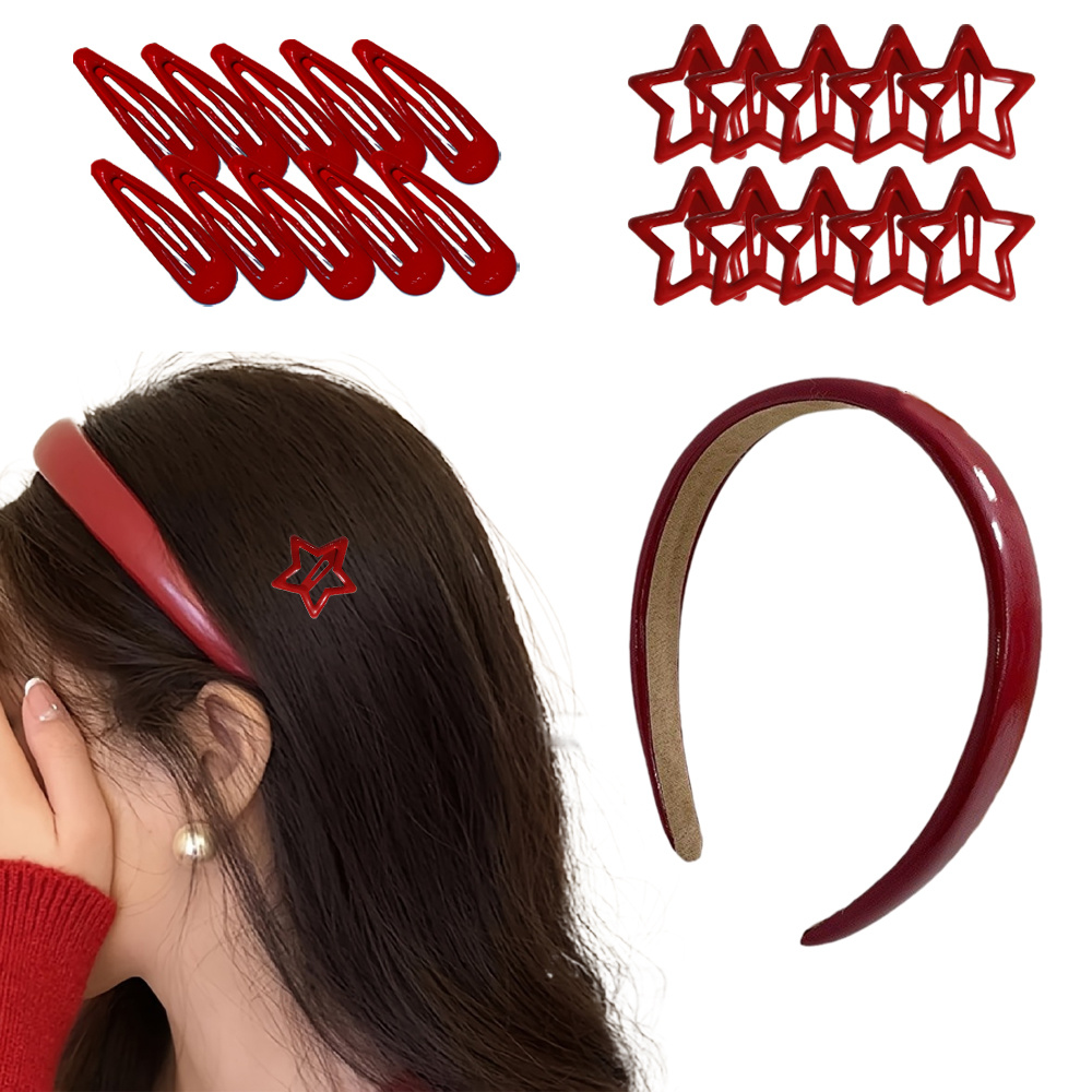 TEMU 2024 21pcs Set Elegant Vintage French Style Female Hair Accessories, Vintage Red (1pc Headband +10pcs Water Drop Clip +10pcs Clip)