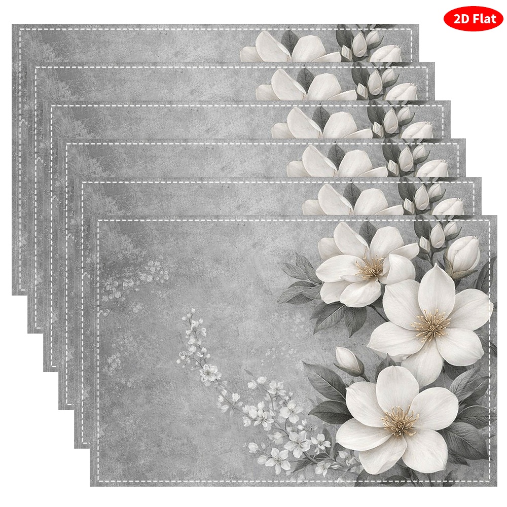 TEMU Blooming Magnolia Placemats, 6pcs Set, Kitchen Table Decor, Creative Print, Washable Heat-resistant Table Mat, Home And Kitchen Supplies,