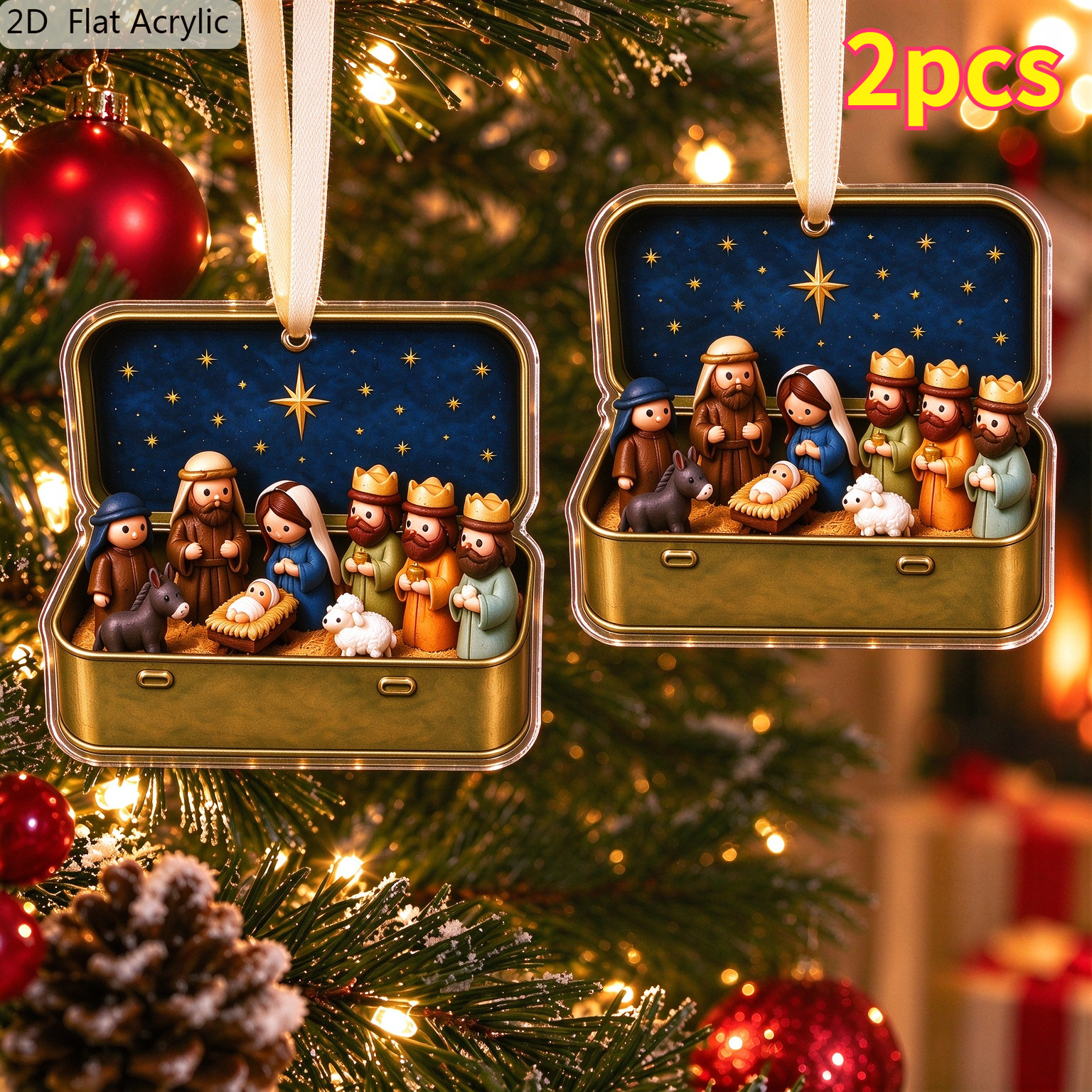 TEMU 2d Flat, 2pcs 8cm Acrylic Hanging Ornament, Christmas Nativity Scene 3 Pattern, Xmas Wall Window Door Porch Decor, Home Display, Housewarming