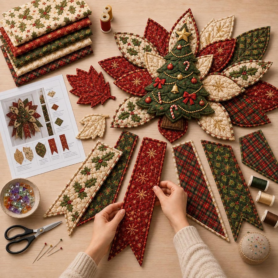 beginner friendly large christmas quilted door hanger sewing kit pre cut fabrics suitable for front door and wall hanging decor washable     decoration project