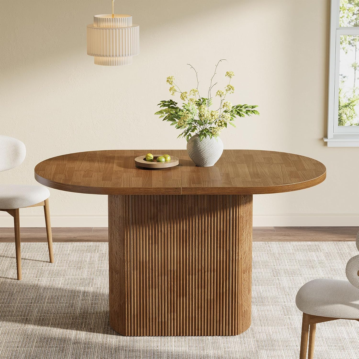 Image of Rustic Wooden Oval Dining Table Measuring 47.24 Inches, Suitable For 4 People, Perfect For The Kitchen, Dining Room, Or Living Room, In A Brown End