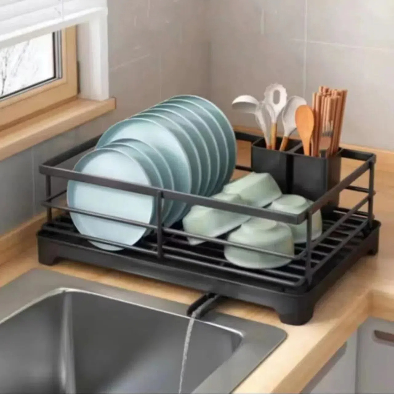 space saving black pp dish rack with sink drain hole moisture proof easy to clean multi functional kitchen organizer for plates utensils more utensil holder modern kitchenware functional kitchen item dish drying rack details 0