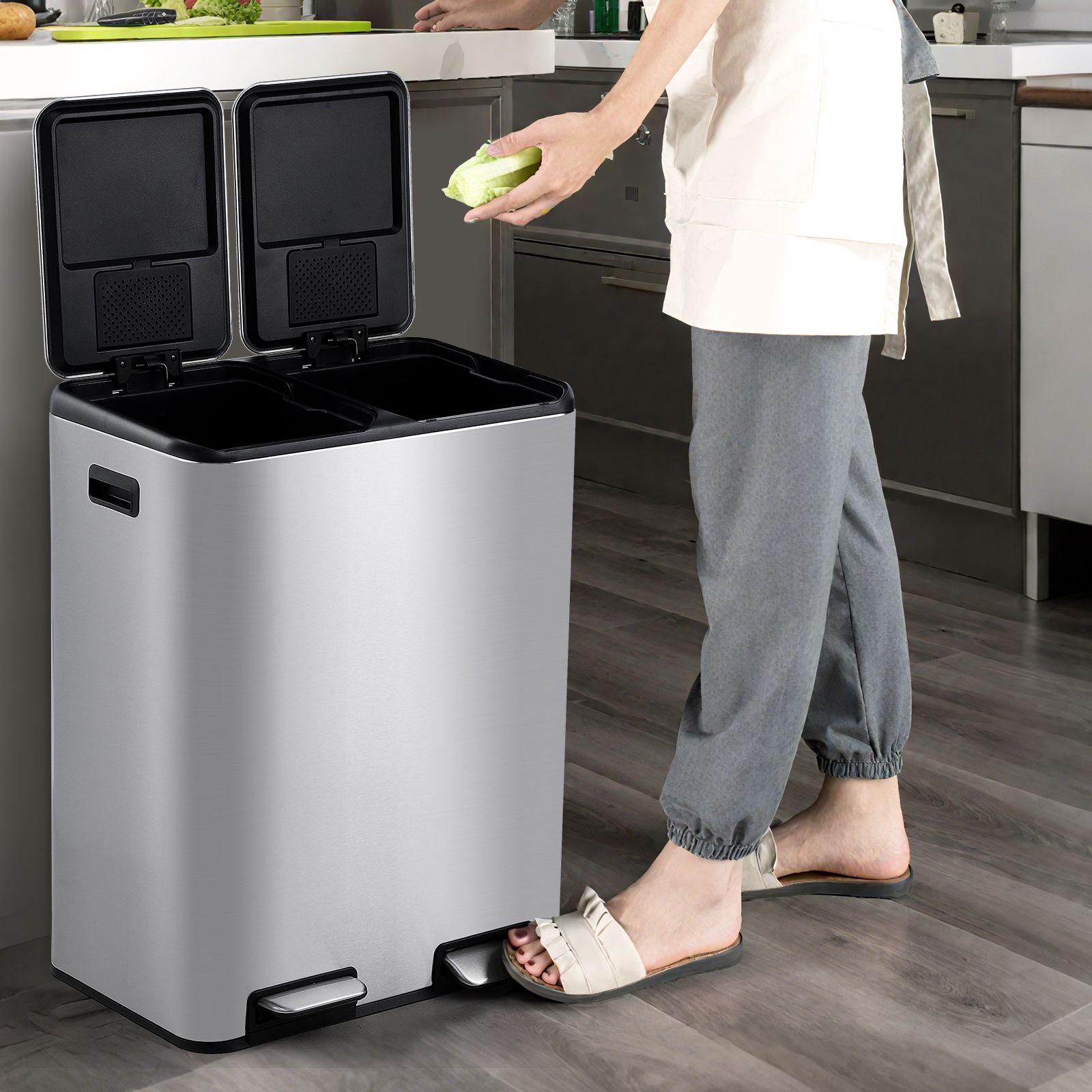 Stainless Steel Kitchen Waste Bin, 60 Liter Capacity With Double 30 Liter Compartments, Durable , Efficient Sorting And Disposal