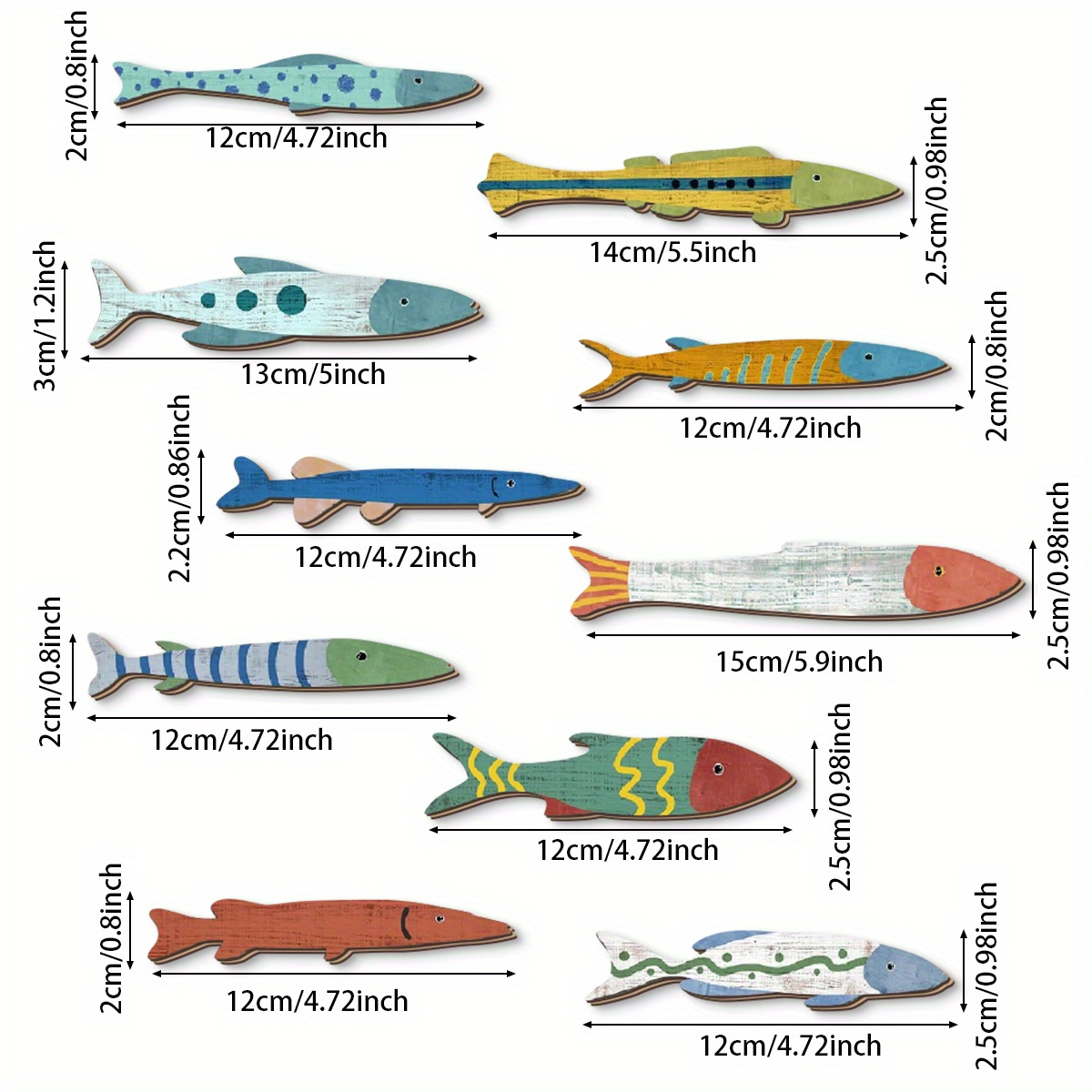 Image of 2d Flat - 10pcs 2d Farmhouse Colorful Wooden Wall Decor, Mini Beach Nautical Coastal Theme Fish Wall Art Wood Fish Wall Art Lake House Ocean Decor Vintage Ornaments For Home Bathroom Bedroom ( Paste)