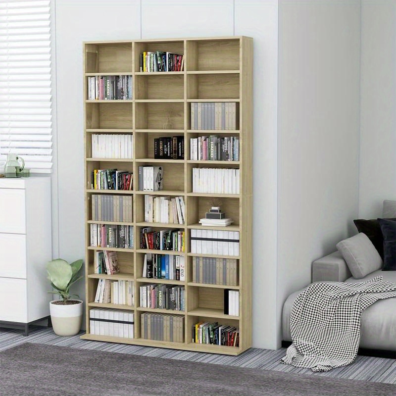 TEMU Eikenklar Cd Storage Bookcase - 102x16x177.5 Cm, Light Brown Wooden Shelf With 12 Compartments For Cds, Dvds, And Books, Ideal For Home, Office,