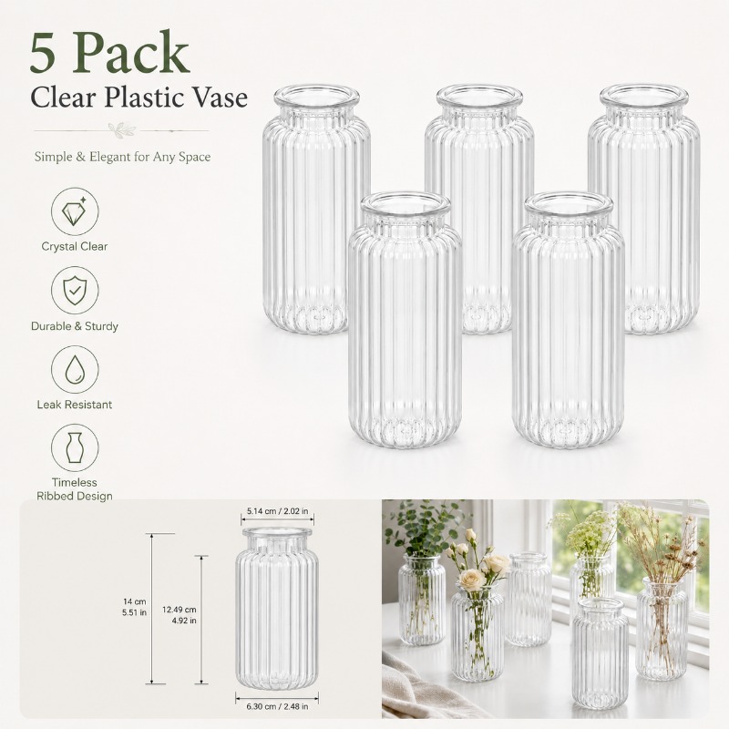 Image of 5-pack Clear Plastic Vases, 5.5-inch Ribbed Transparent Flower Jars, Lightweight Clear Bud Vases For , Faux Flowers, Greenery, Table Centerpiece, Shelf, Desk, Wedding, Party & Home Decor