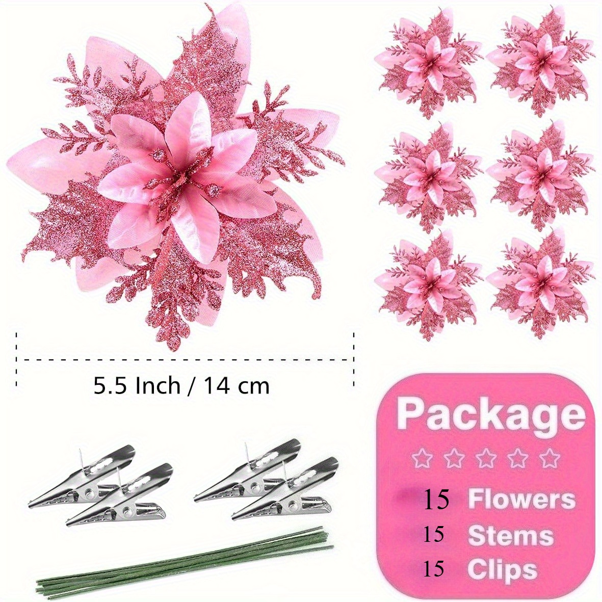 45pcs / 15 Sets Of 14cm Pink Artificial Poinsettia Flowers For Decorating Christmas Trees, Wreaths, And Garlands. Glittery Flower Picks For Christmas, New Year, Weddings, And Party Ornaments
