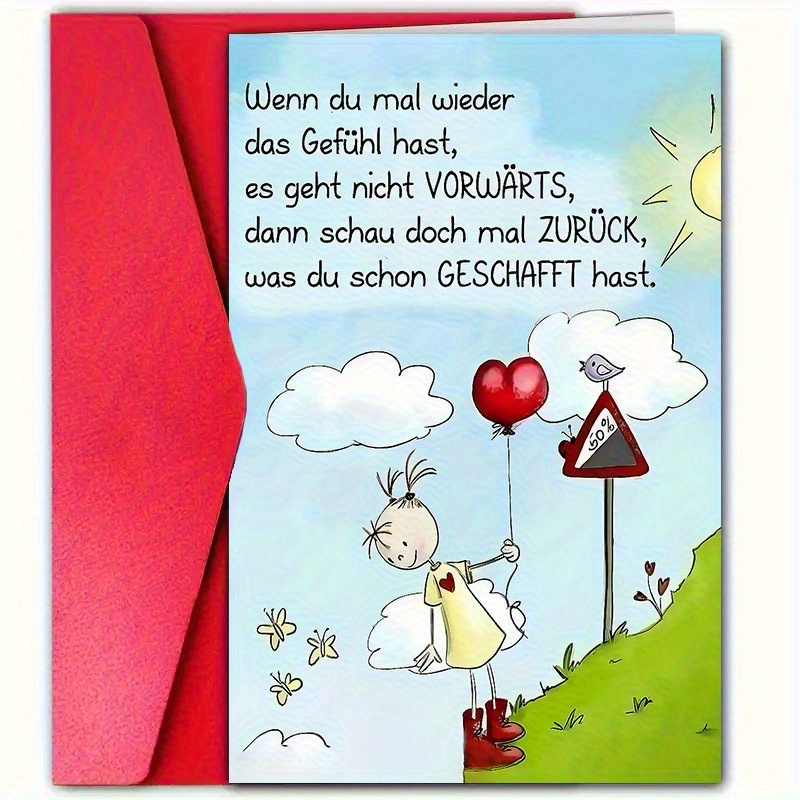 TEMU 1 German Motivational Greeting Card With Envelope - " , Look At What You've " Motivational Message - Fun Heart-shaped Balloons Design For