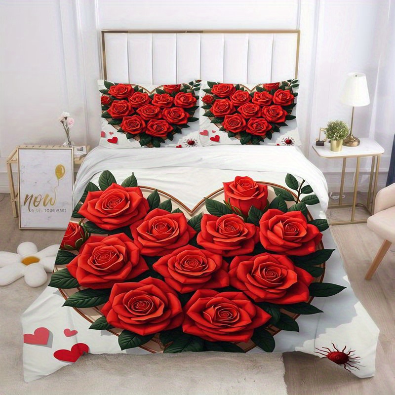 3pcs red   pattern bedding   design,   theme duvet   with pillowcases, soft microfiber fabric for master bedroom home decor, valentine s day wedding gift 1 duvet  +2 pillowcases, home decoration, bedroom decor,  , romantic decor, durable material, comfortable fabric, decorative bedding, pillowcase set,  , couples gift Product details 7
