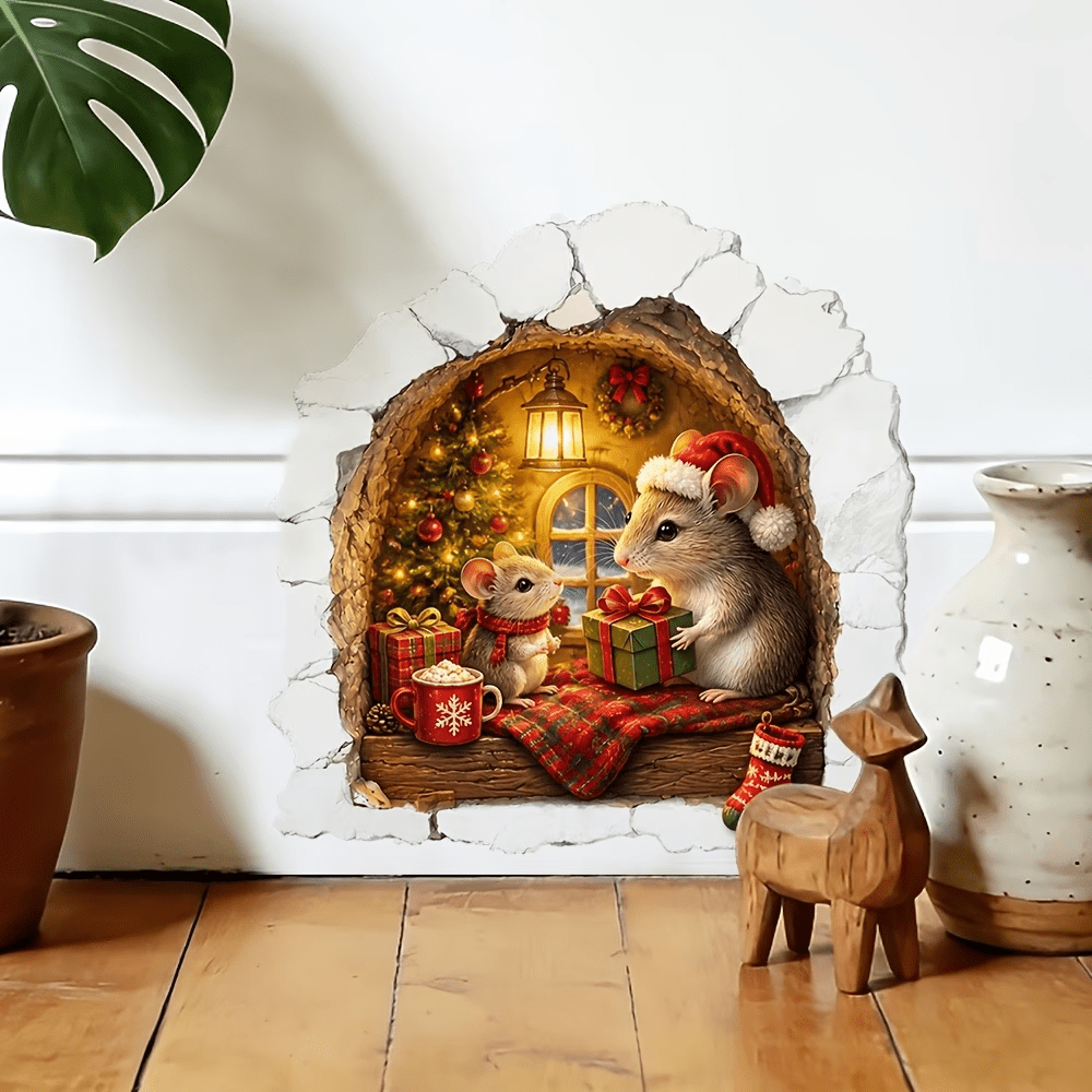 TEMU Autocollant plat 2D, 1 pièce, Décalcomanie murale Souris de Noël, Décoration de Noël, Cadeau de Noël, Décor d'hiver, Décoration amusante , Plat
