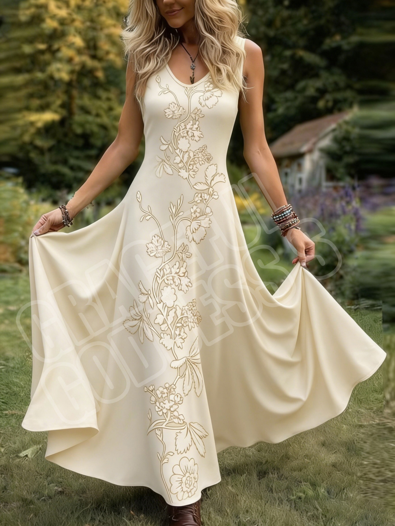 who is the polka dot dress lady Kimbelle Halter Maxi Dress Cream / Polka Dot