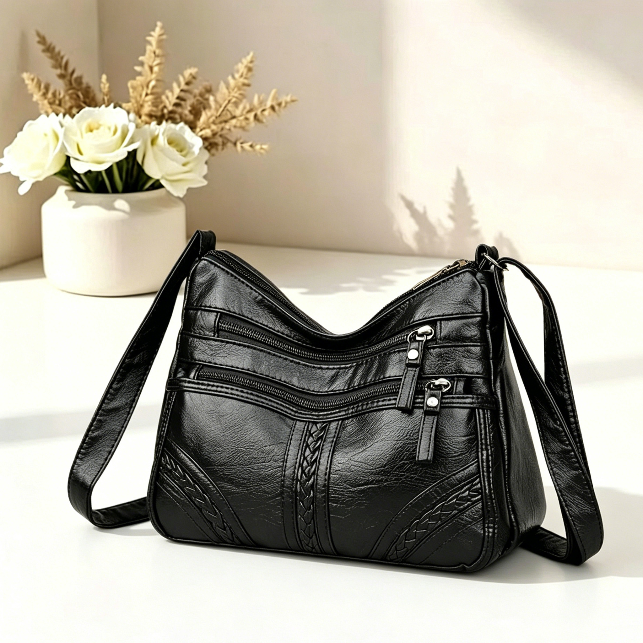 TEMU Women's Tote Bag - Unisex Square Bag, Pu Crossbody Bag For Women, Daily Commuting, Solid Color, Multi-pocket, Elegant High-end Messenger Bag,