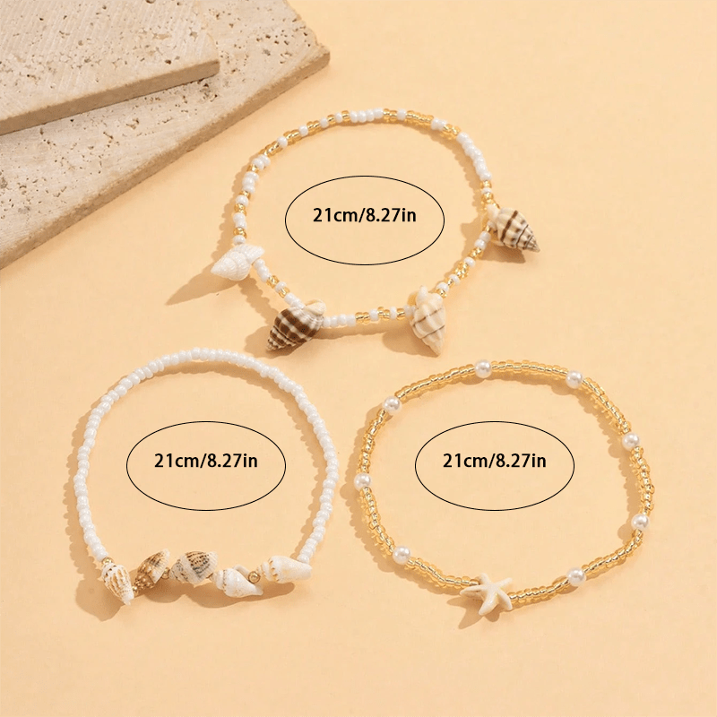3pcs Women's Anklets Ocean Style Shell Starfish Beaded Set