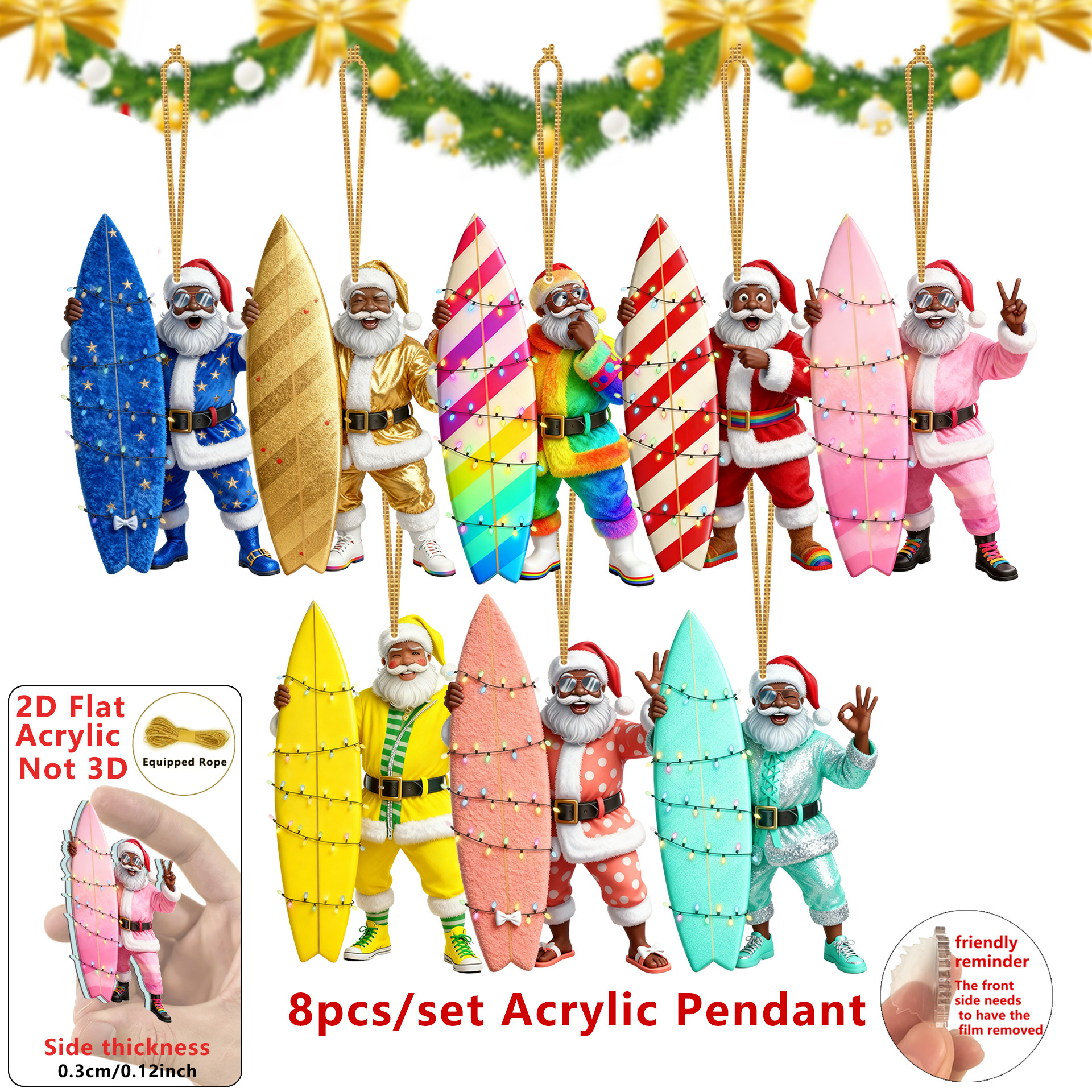 TEMU 2d Flat, 2d Flat-8pcs Stylish Surfboard Santa Claus Acrylic Charm, Maritime Sports Lovers Pendant For Christmas Home Arrangement, Christmas Tree