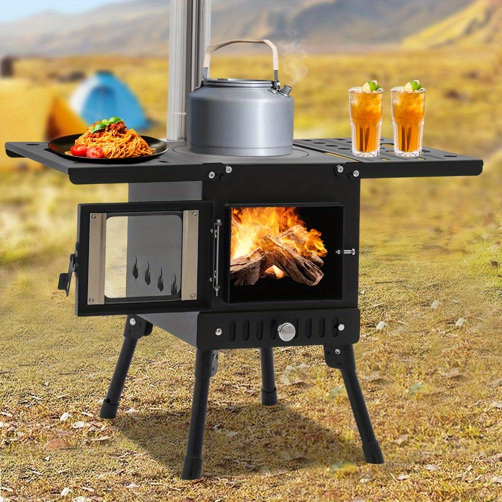 Mini Portable Wood Burning Tent Stove with 6 Chimney Pipes & Glove - Heavy-Duty Carbon Steel Outdoor Camping Stove, 3000W High-  Heat Output, Compact Lightweight Design for Tent, RV, Cabin, Fireplace - No Electricity/Flint/Magnesium Required, Easy Assembly, Durable & Portable Wood-Burning Stove, Cabin Heater, Foldable, Adjustable Legs for Cooking, Heating, BBQ, Hiking, Fishing -   Pit for Backyard, Picnic, RV Use, Camping Stove Portable, Camp Stove, Ga Stove
