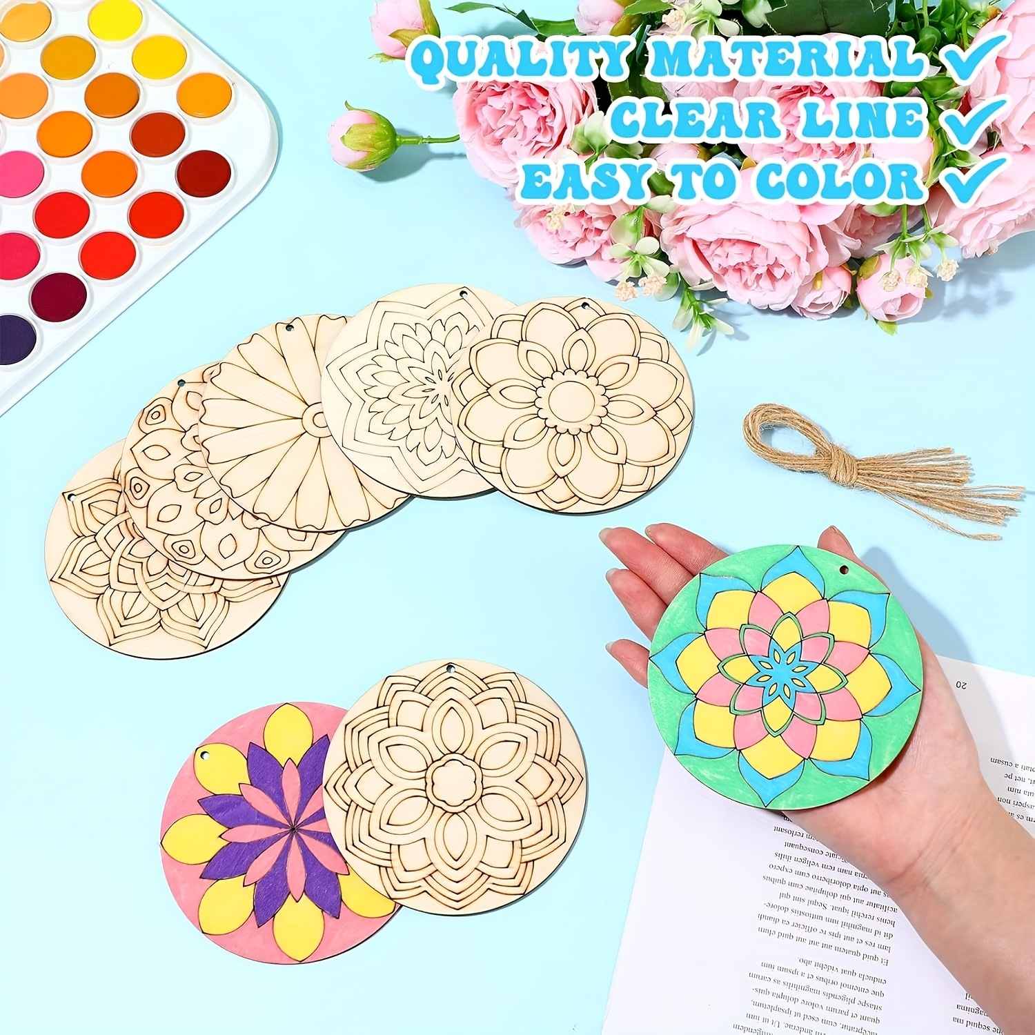 

40pcs Wooden Mandala Crafting Set - Diy Paintable Decorations For Relaxation, Home, And Wedding Decoration.