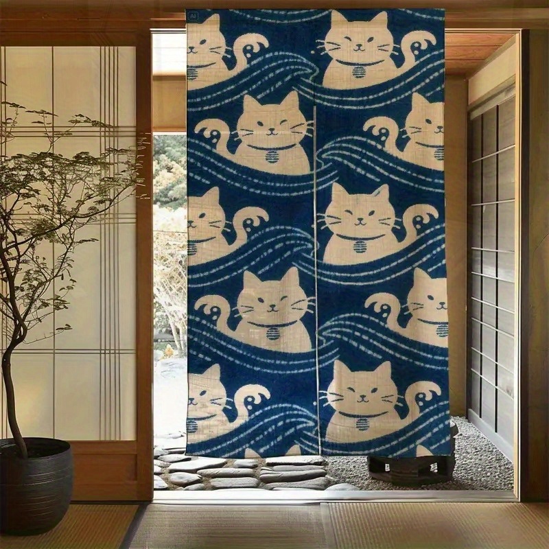 TEMU 和風ドアカーテン ネイビーブルー＆ベージュ 猫柄 伝統的なカーテン 丈夫な生地製 浴室・リビング・玄関用