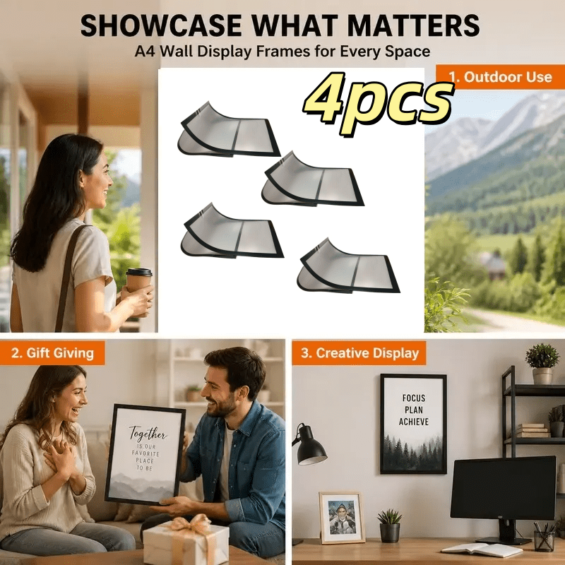 TEMU 4pcs Set Of A4 Magnetic Self-adhesive Photo Frames - Portable Wall-mounted Plastic Photo And Document Display Frames, Suitable For Photos,