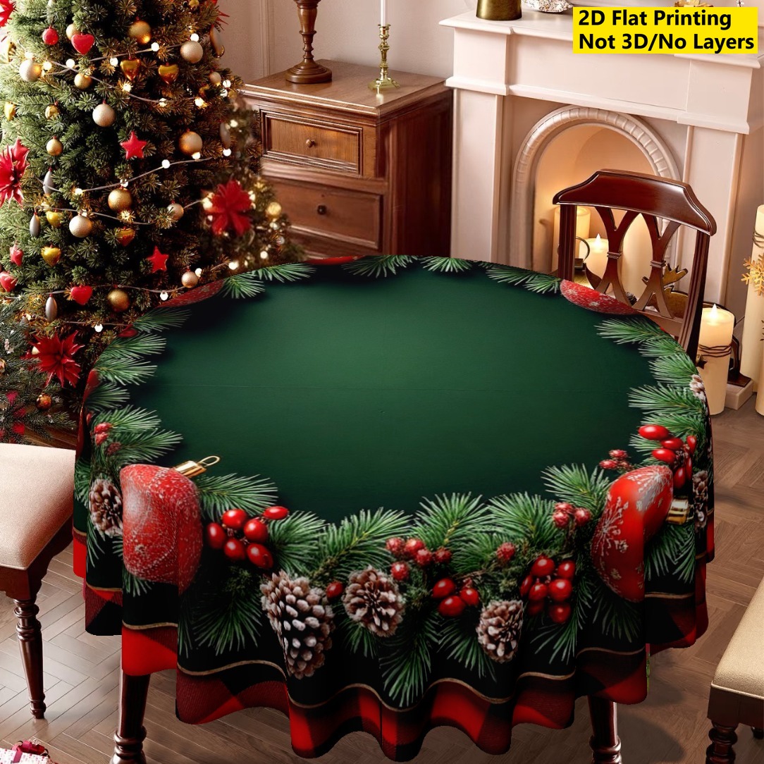 TEMU 2d Flat Tablecloth, 1pc Round Christmas Tablecloth, Checkered Border And Wreath Pattern Festive Round Tablecloth, With Pinecones And Berries,