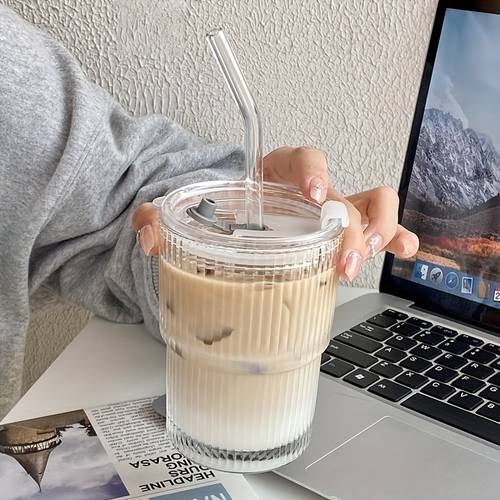 a minimalist coffee cup with a straw and lid portable glass water bottle stylish striped glass suitable for coffee tea iced milk americano and latte for home use