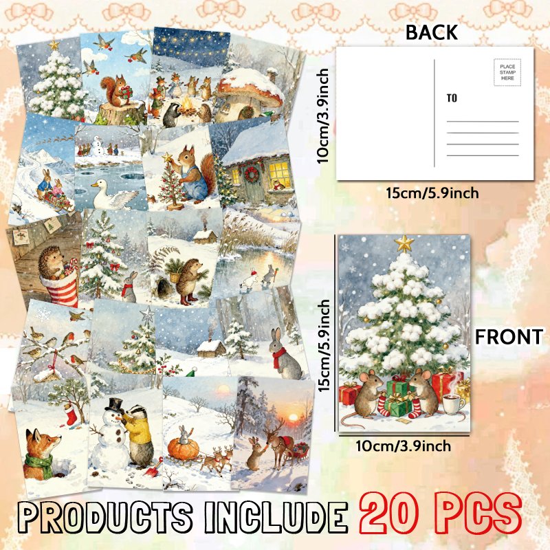 Image of 20pcs Winter Wildlife Christmas Postcard Book - 20 Unique Collectible Sturdy 4x6 Inch Cards ,, Hedgehog, Birds & - Blank Pages For Scrapbooking, Greeting Cards, Holiday Gifts (english Language)