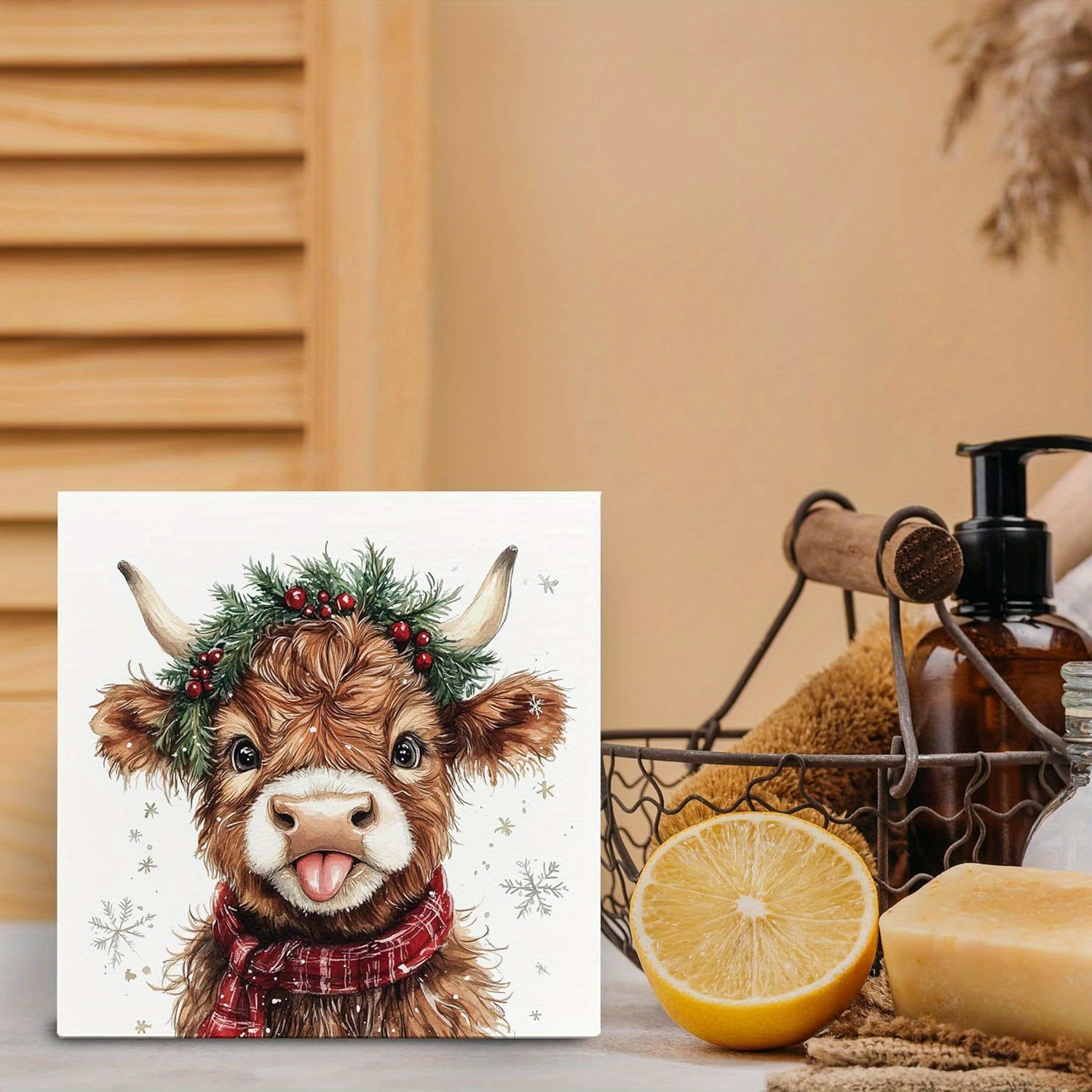 Christmas Western Wooden Sign - Christmas Highland Desktop Decor, Cute Winter Snow Wooden For Home Office Kitchen Bathroom Table Desk Shelf Decoration