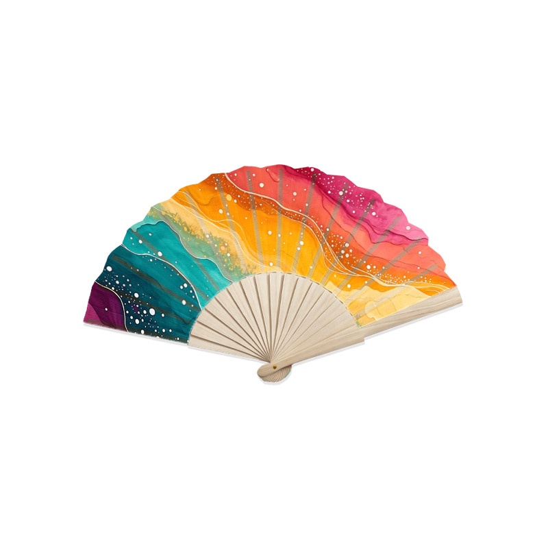 TEMU 1pc Handheld Folding Fan, Wooden Hand Fan, Portable And Lightweight Summer Cooling Fan With Gradient Watercolor Fluid Texture, Artistic Texture