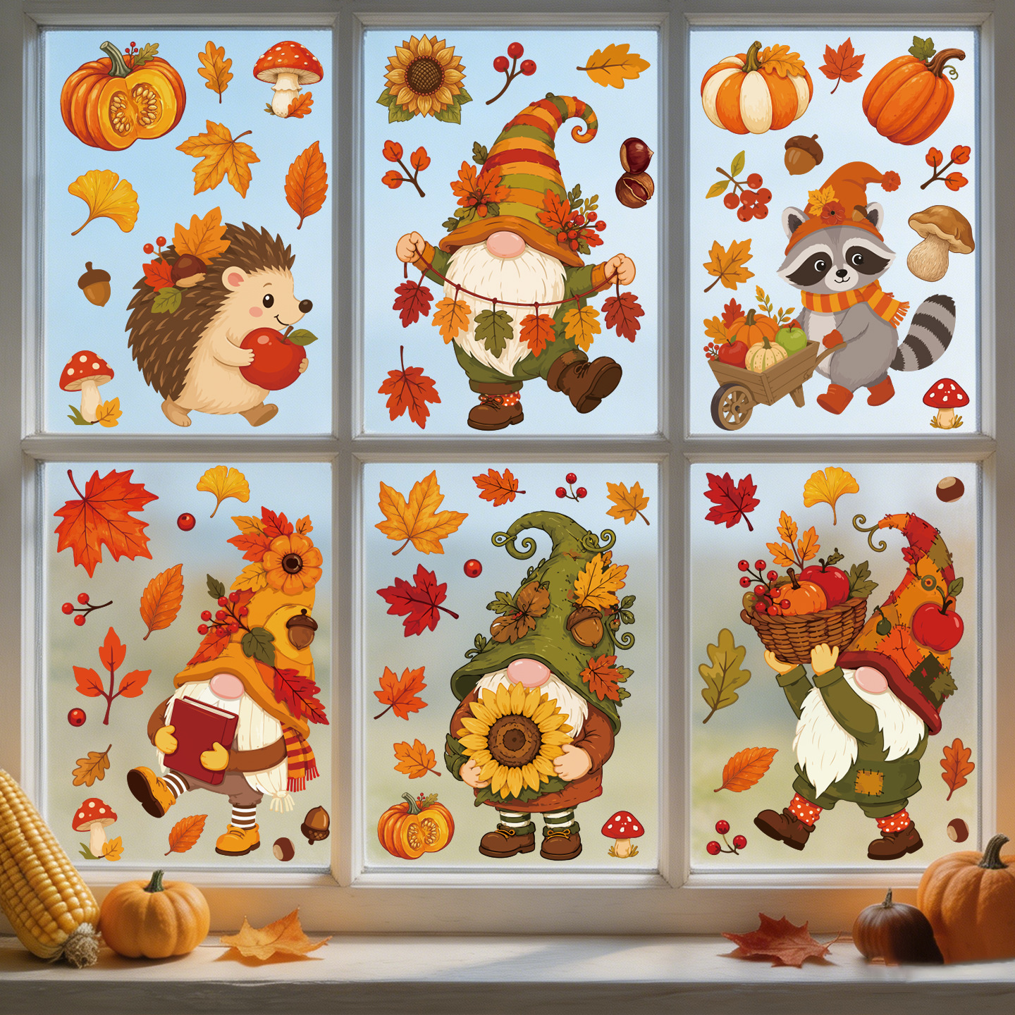 6 Sheets Thanksgiving Maple Leaf Gnome Window Stickers Party Scene Decals Living Room Doors And Windows