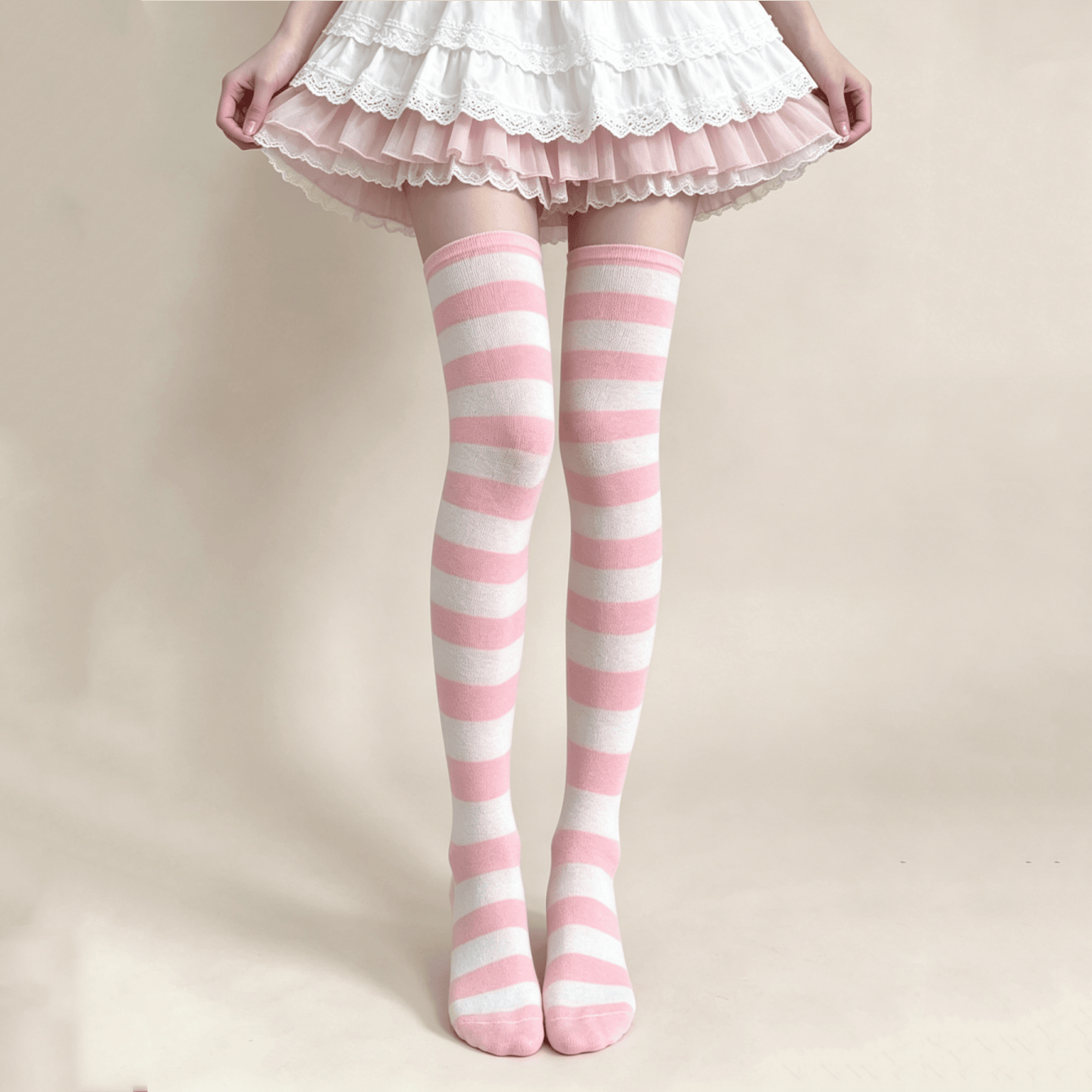 TEMU 1 Pair Blue/pink Early Autumn And White Striped Over-the-knee Socks For
