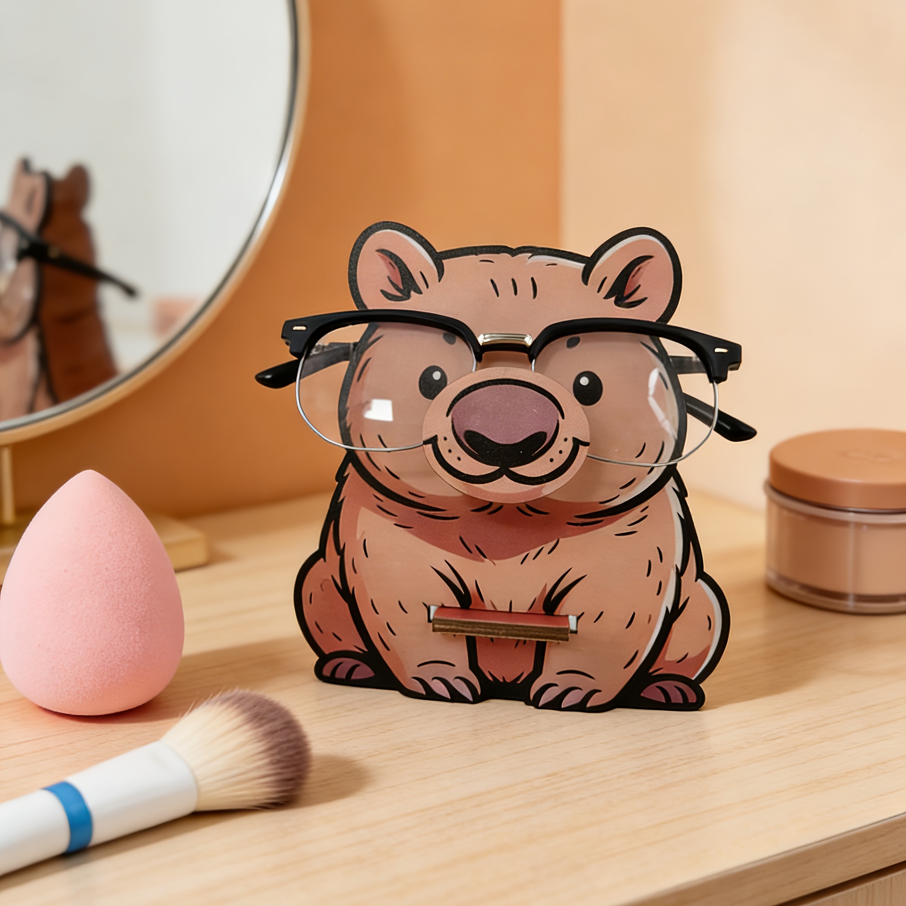 TEMU 1 Wooden Cute Chubby Cartoon Wombat, Glasses Storage Rack & Desktop Fun Ornament Multi-functional 2-in-1, Suitable For Women, Men, , Travelers,