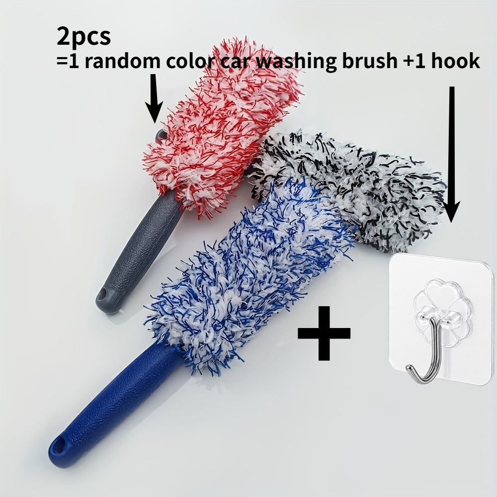 TEMU Long-handle Microfiber Tire Cleaning Brush (1pc Random Color Fiber Tire Cleaning Brush + 1pc Universal Hook), Suitable For Car Wash Supplies,