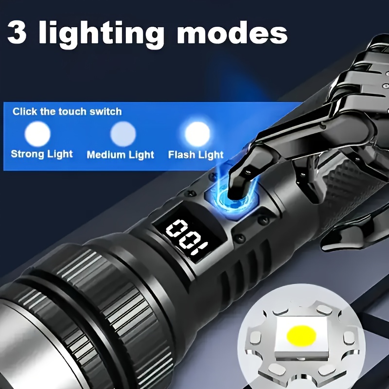 TEMU 1pc Torcia LED Ricaricabile Ultra-Luminosa, Torcia Tattica ad Intensit�, Ricarica USB, 3 Modalit�, Batteria a Lunga da 1800Mah, Design