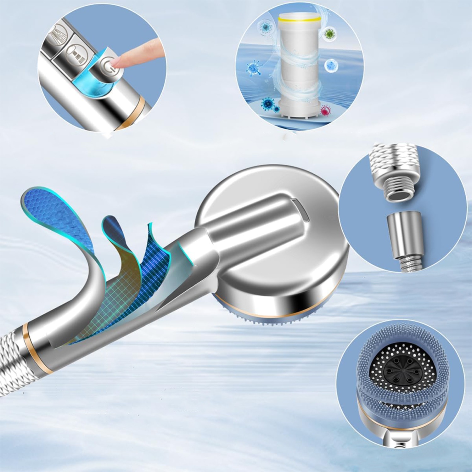 Rainfall Shower Head with 4 Jet Types Massage Spray