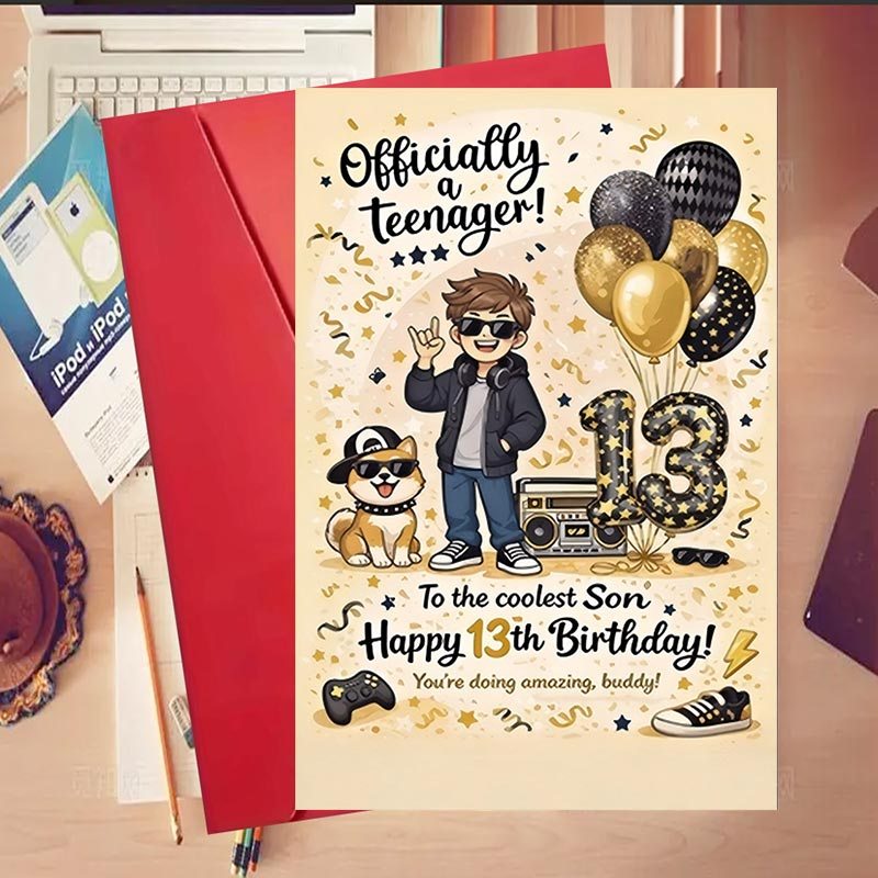 TEMU 1pc 1pcs 13th Birthday Card Suitable For Son' - Cartoon Teen & Dog Balloons, A Teenager Gift, Modern Black Paper Card For 13 Year Birthday