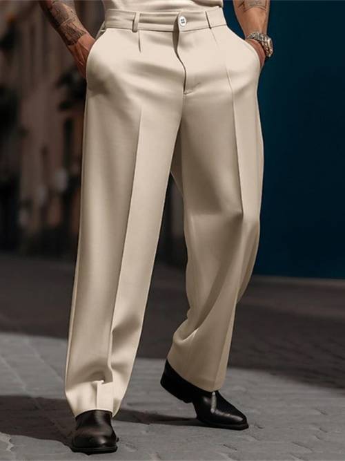 mens solid color trousers casual loose fit slanted pockets straight leg