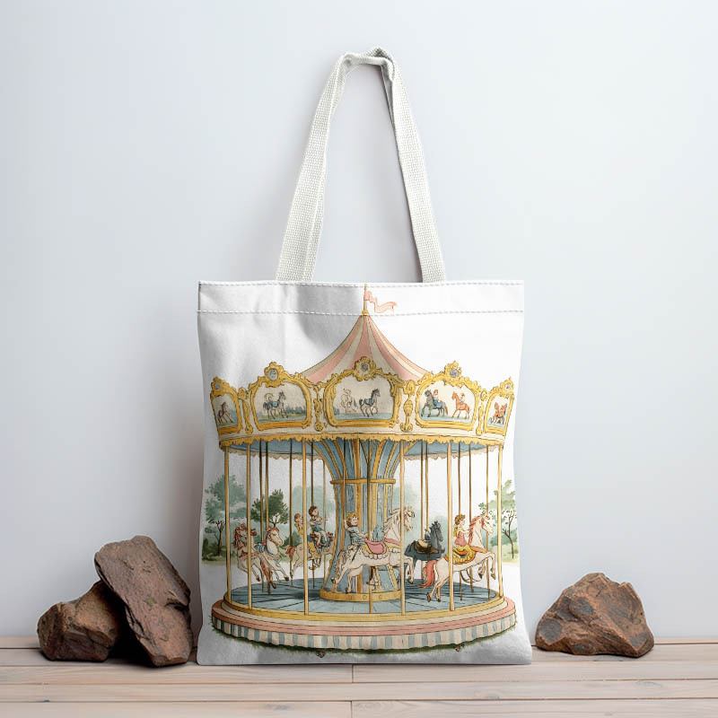 TEMU 1pc Carousel Theme Canvas Tote Bag, With Fixed Shoulder Strap, Foldable And Reusable Shopping Travel Work Handbag, Open Closure, Hand Washable,