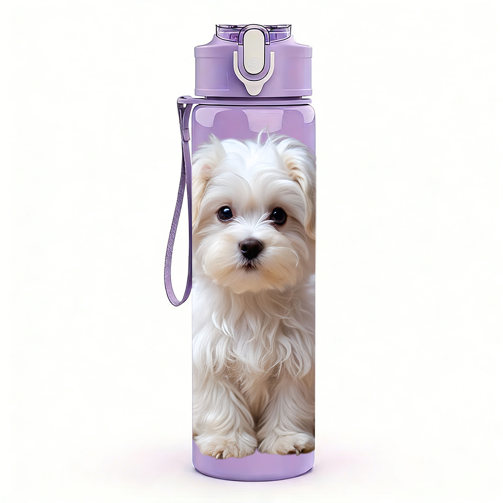 TEMU 1pc White Maltese Puppy Pattern 750ml Multicolor Plastic Sports Water Bottle, Leak-proof Pop-up Lid, Suitable For Outdoor Activities, Running,