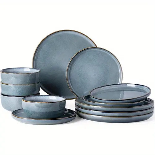 ceramic dinnerware sets for 4 12pcs stoneware plates and bowls sets reactive glaze dishes scratch resistant dishwashermicrowave blue