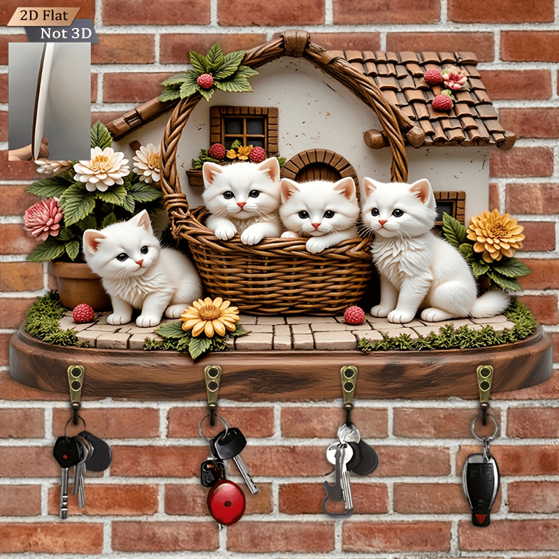 E-shop 2D-Ebene. . Weißer Katzen-Gewebter Korb-Hausschlüsselhaken – Multifunktionaler dekorativer Schlüsselhalter aus Holz mit vier Metallhaken,