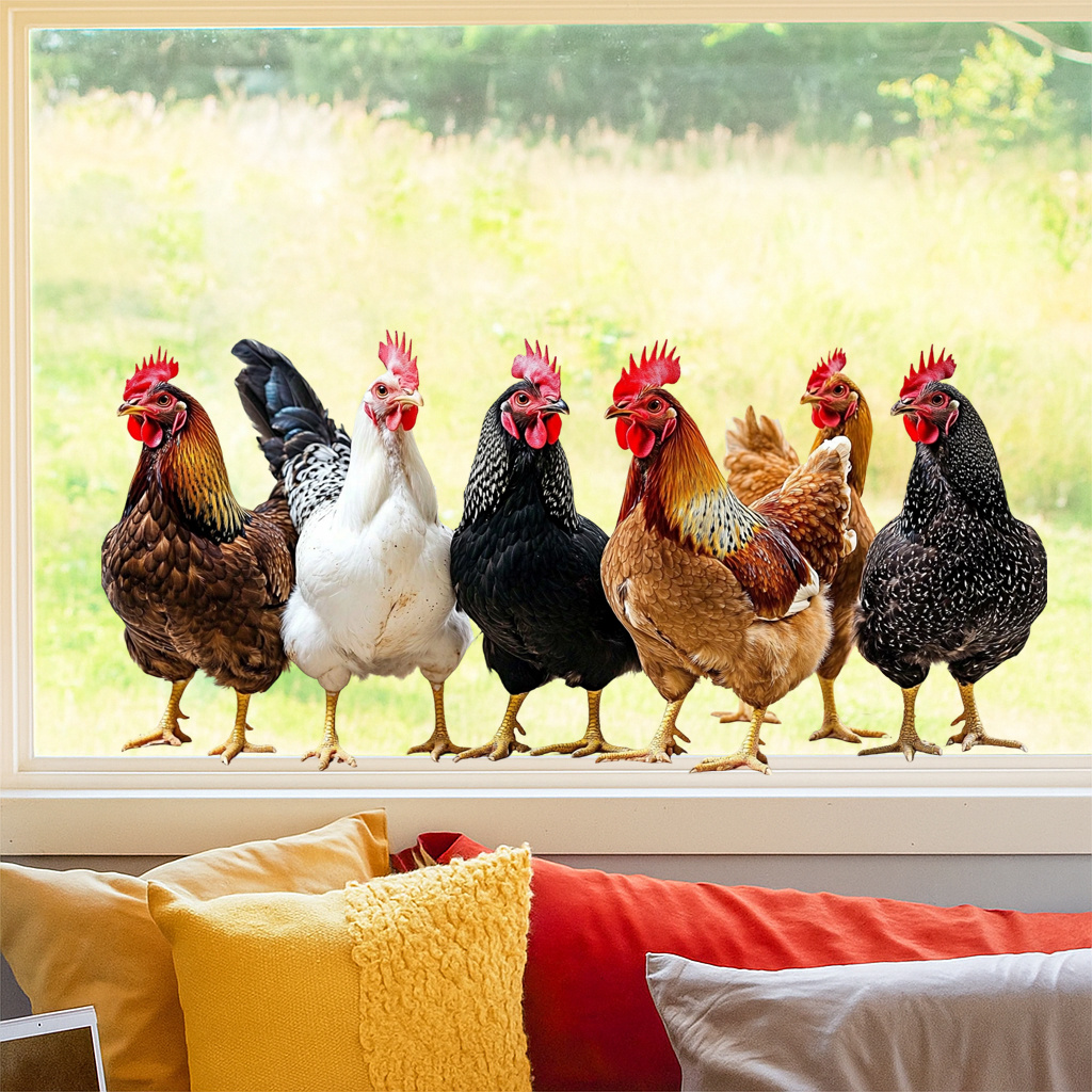 1pc Rustic Style 6 Hens Creative Window Glass Decal, Self-adhesive High Quality Decoration, Suitable For Walls, Glass, Cabinets, And More