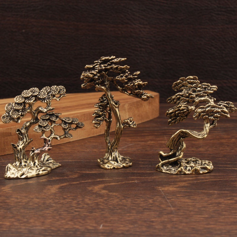 TEMU 3pcs Set Of Brass Tree Ornaments In Different Styles, Small Desktop Figurines For Office Or Living Room