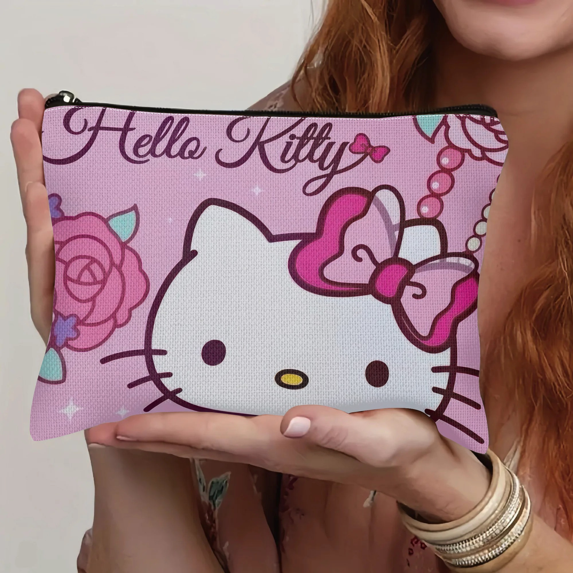 

Sanrio Hello Kitty Makeup Bag - Pink Design, Multifunctional Women's Zippered Pouch With Coin Purse, Polyester, Hand Washable, Hello Kitty Bag